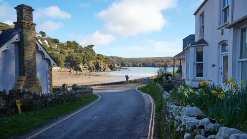 This landscape photograph captures North Sands road curving towards North Sands beach, located on the coast in Devon, England, United Kingdom. Taken in the early afternoon during spring, the image shows vibrant daffodils blooming beside traditional houses, with one stone-built cottage prominently displayed on the left. The sandy beach stretches out in the background, bordered by cliffs and woodlands typical of the Devon coastline. A person is seen standing near the beach’s edge, while the calm blue sea and partially cloudy sky enhance the coastal setting. The photograph highlights the distinctive architectural style of English seaside homes and the scenic beauty of this part of the United Kingdom.